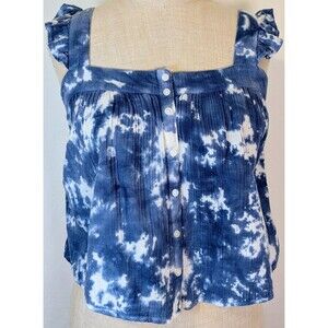 True Craft Blue Tie Dye Button Up Tank Top Ruffle Shoulder 100% Cotton  Size L